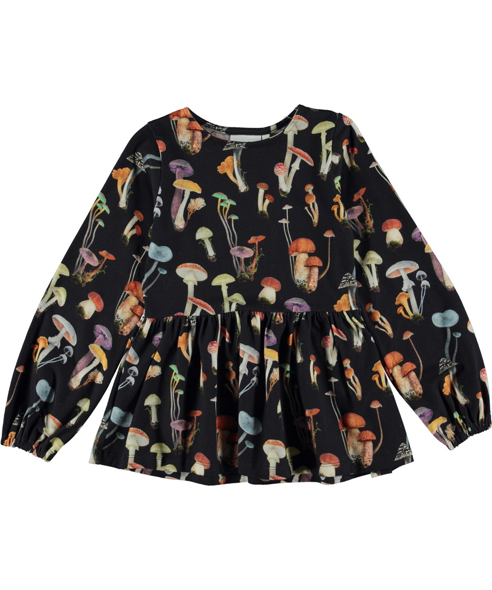 Renae - Fantastic Fungi - Zwarte biologische peplum top met paddenstoelenprint