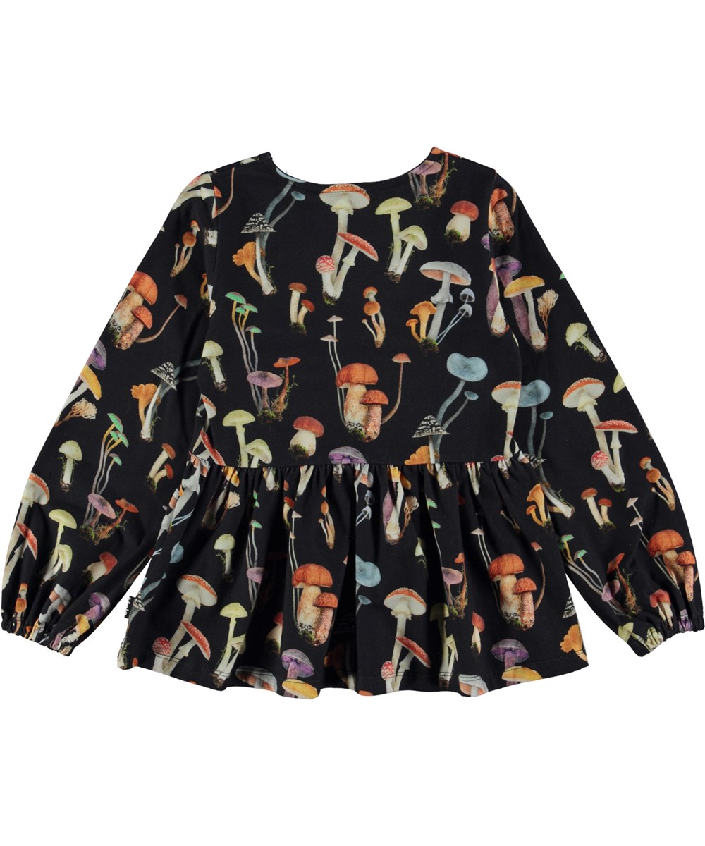 Renae - Fantastic Fungi - Zwarte biologische peplum top met paddenstoelenprint