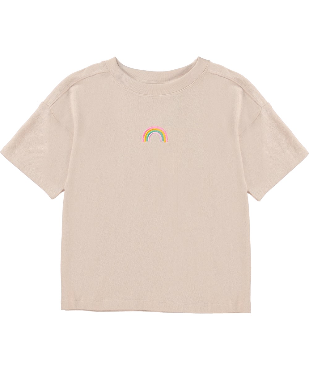 Renata - Powder - Oudroze t-shirt met een geborduurde regenboog
