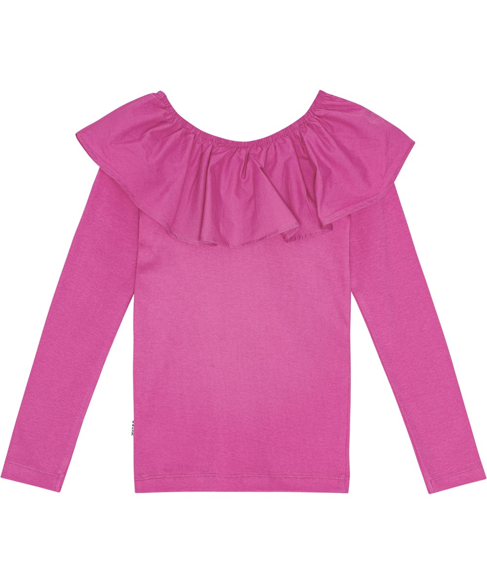 Renate - Baya Pink - Donkerroze getailleerde top met lange mouwen van biologisch katoenen ribstof en een popeline kraag.