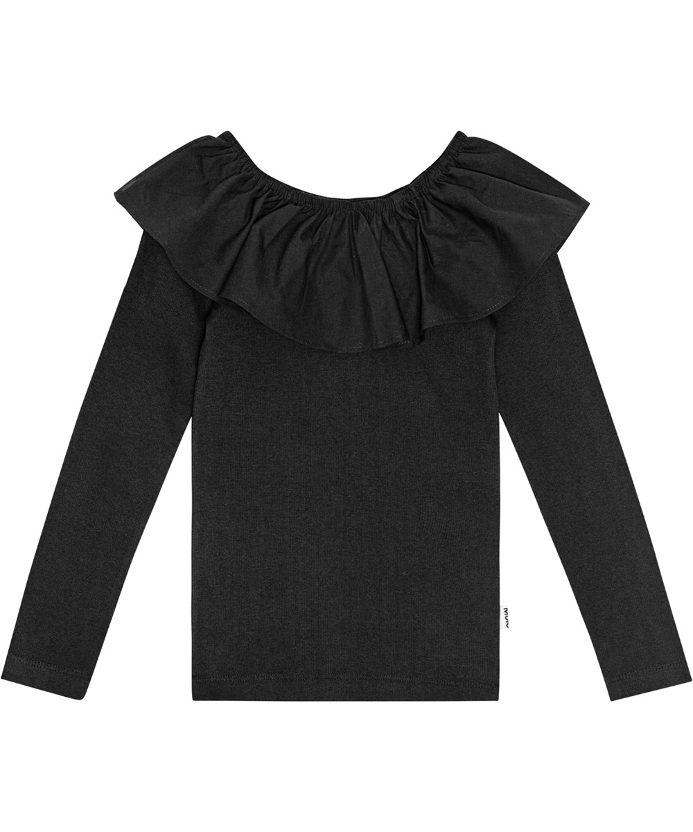 Renate - Black - Zwarte, getailleerde top met lange mouwen, poplin kraag en elastiek.