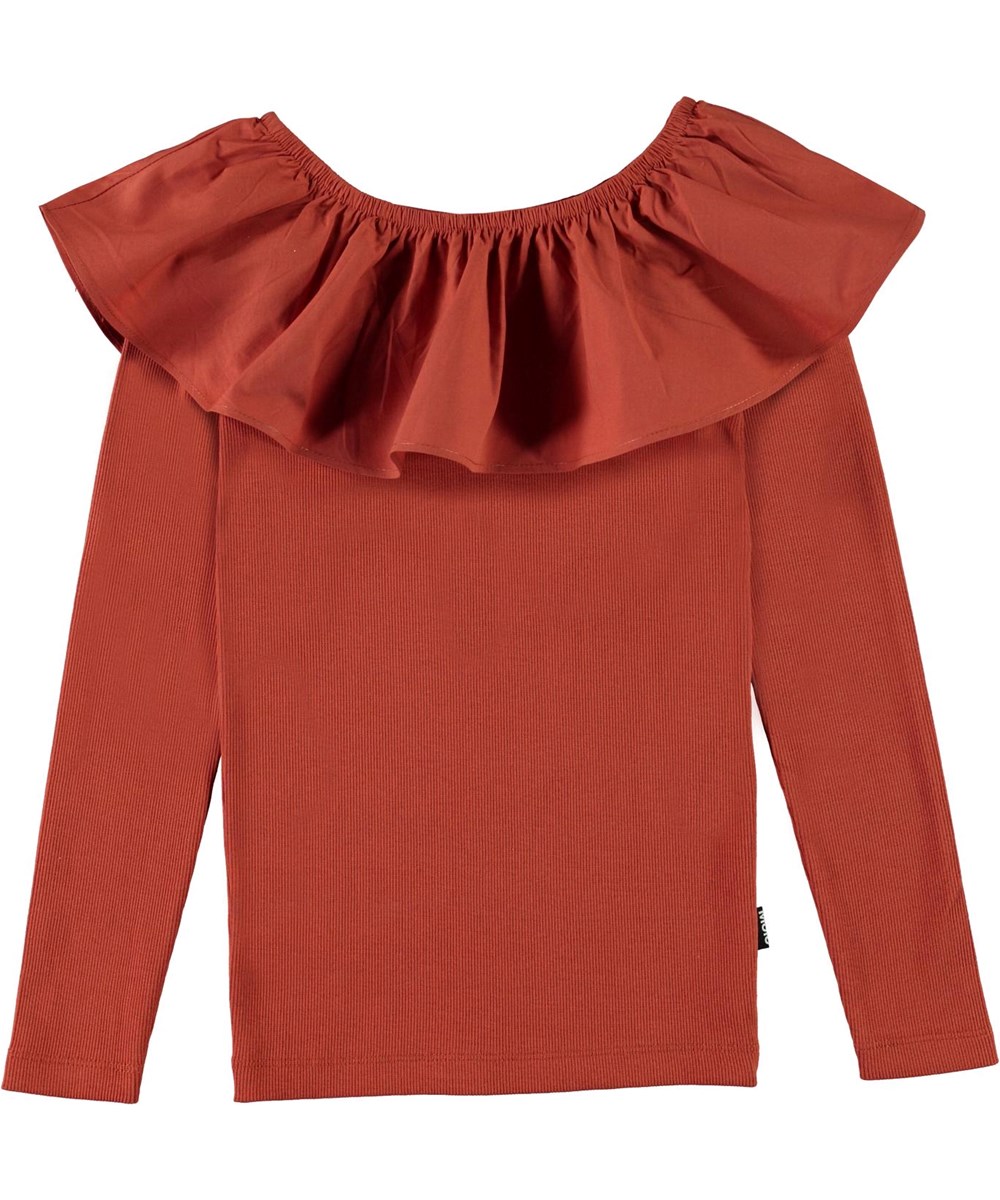 Renate - Burnt Brick - Rode biologische shirt met ruches rond de schouders