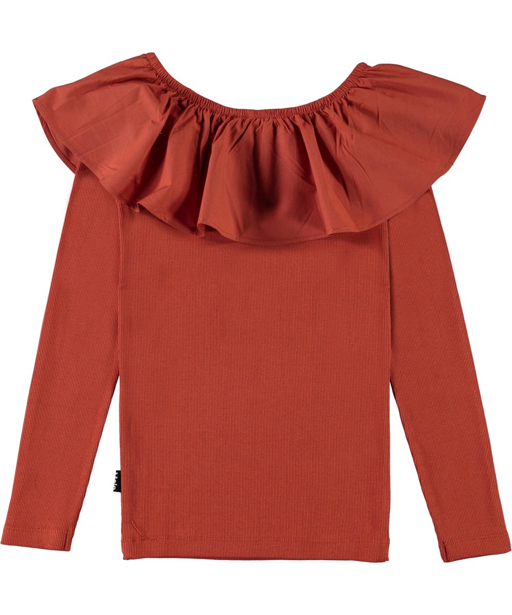 Renate - Burnt Brick - Rode biologische shirt met ruches rond de schouders