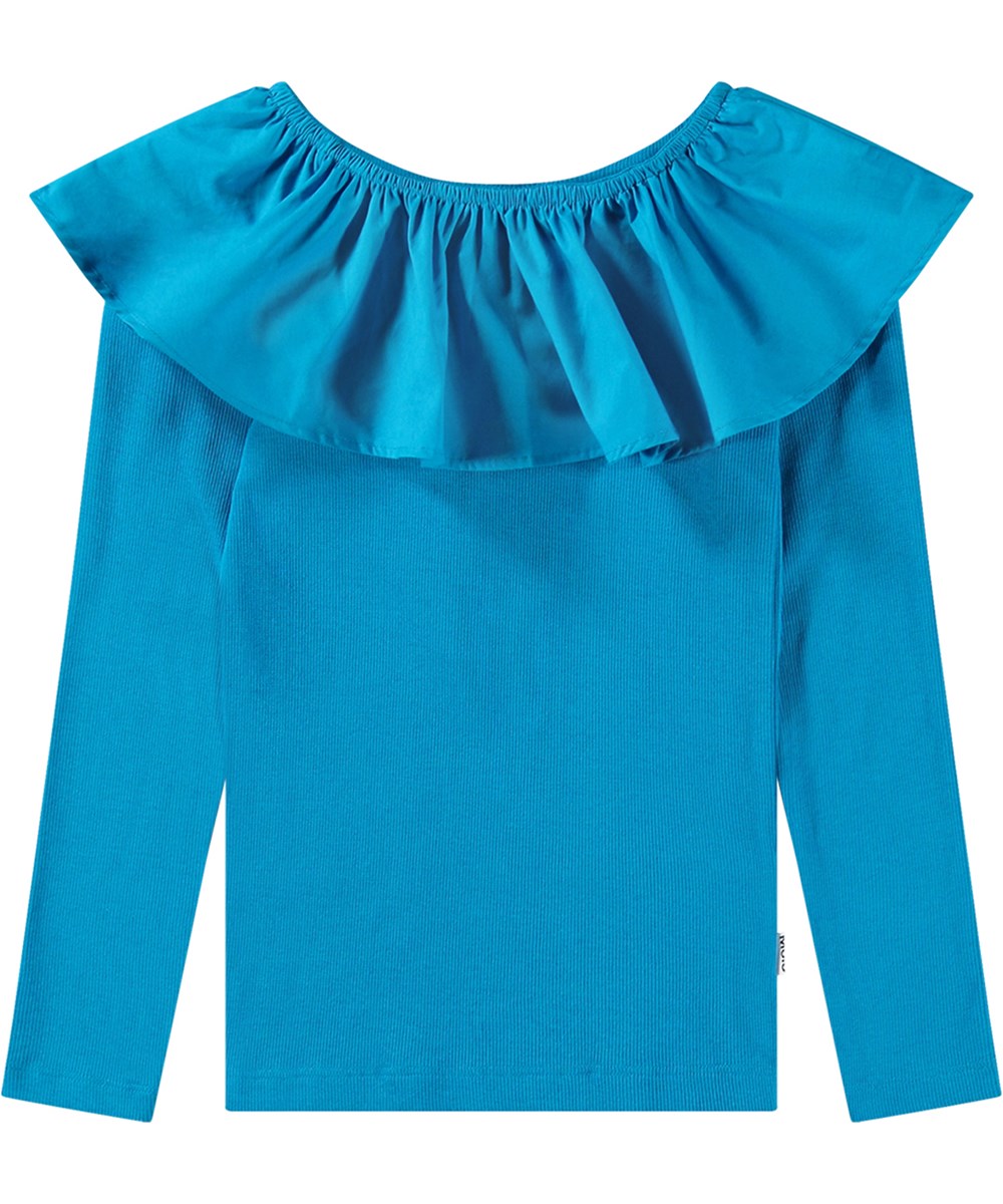 Renate - Peacock Blue - Turquoise biologisch katoenen ribtop met popeline kraag en elastiek.