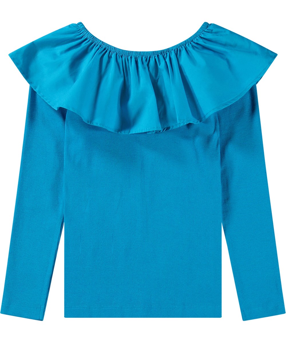 Renate - Peacock Blue - Turquoise biologisch katoenen ribtop met popeline kraag en elastiek.