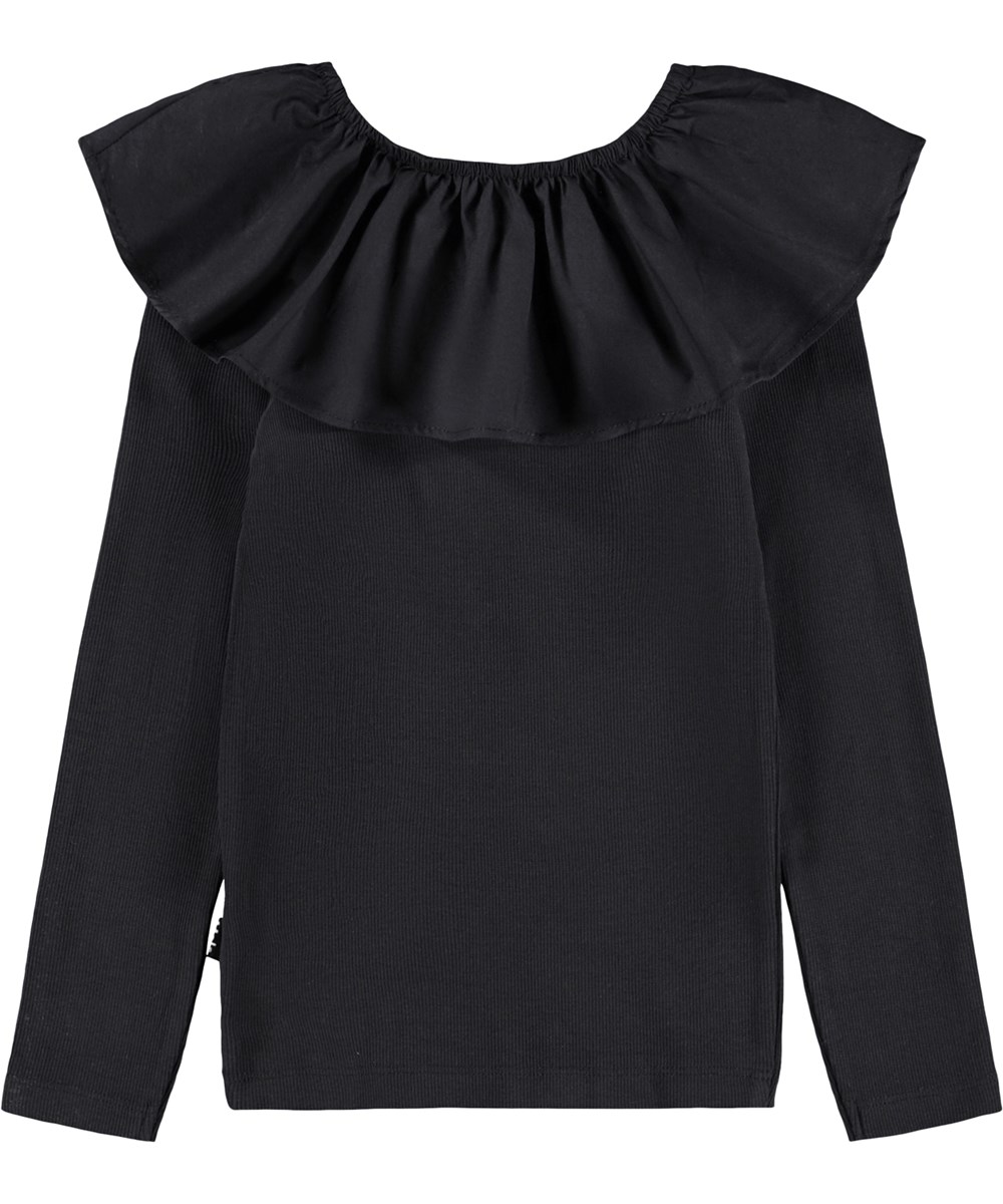 Renate - Black - Zwarte aansluitende longsleeve voor kinderen gemaakt van biologisch katoenen ribstof met een elastische popeline kraag dat off-shoulder gedragen kan worden of omhoog getrokken kan worden om zowel als kraag en mouw te functioneren.