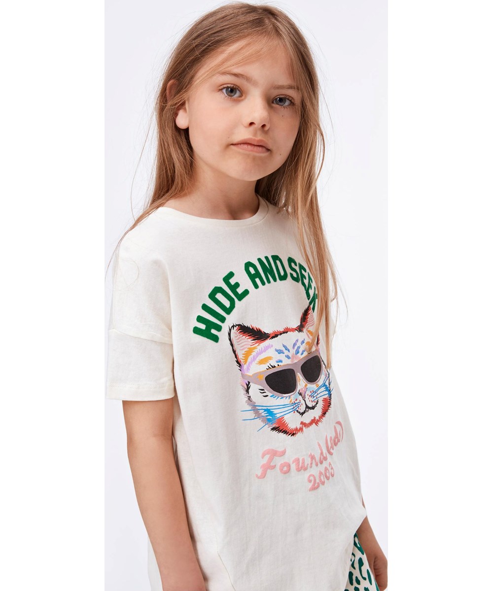 Renessa - Pearled Ivory - Biologische t-shirt met print van een kat