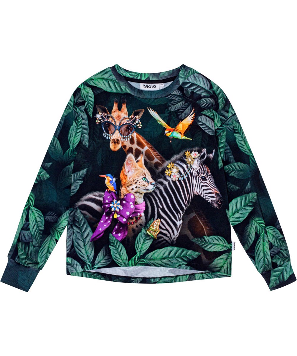 Reniza - Avant-Garde - Zwarte en groene trui van biologisch katoen met op de voorkant een all-over print van groene bladeren en feestelijke dieren.