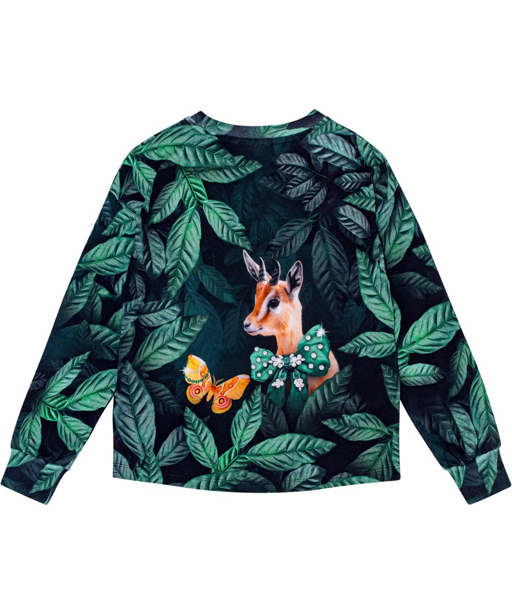 Reniza - Avant-Garde - Zwarte en groene trui van biologisch katoen met op de voorkant een all-over print van groene bladeren en feestelijke dieren.