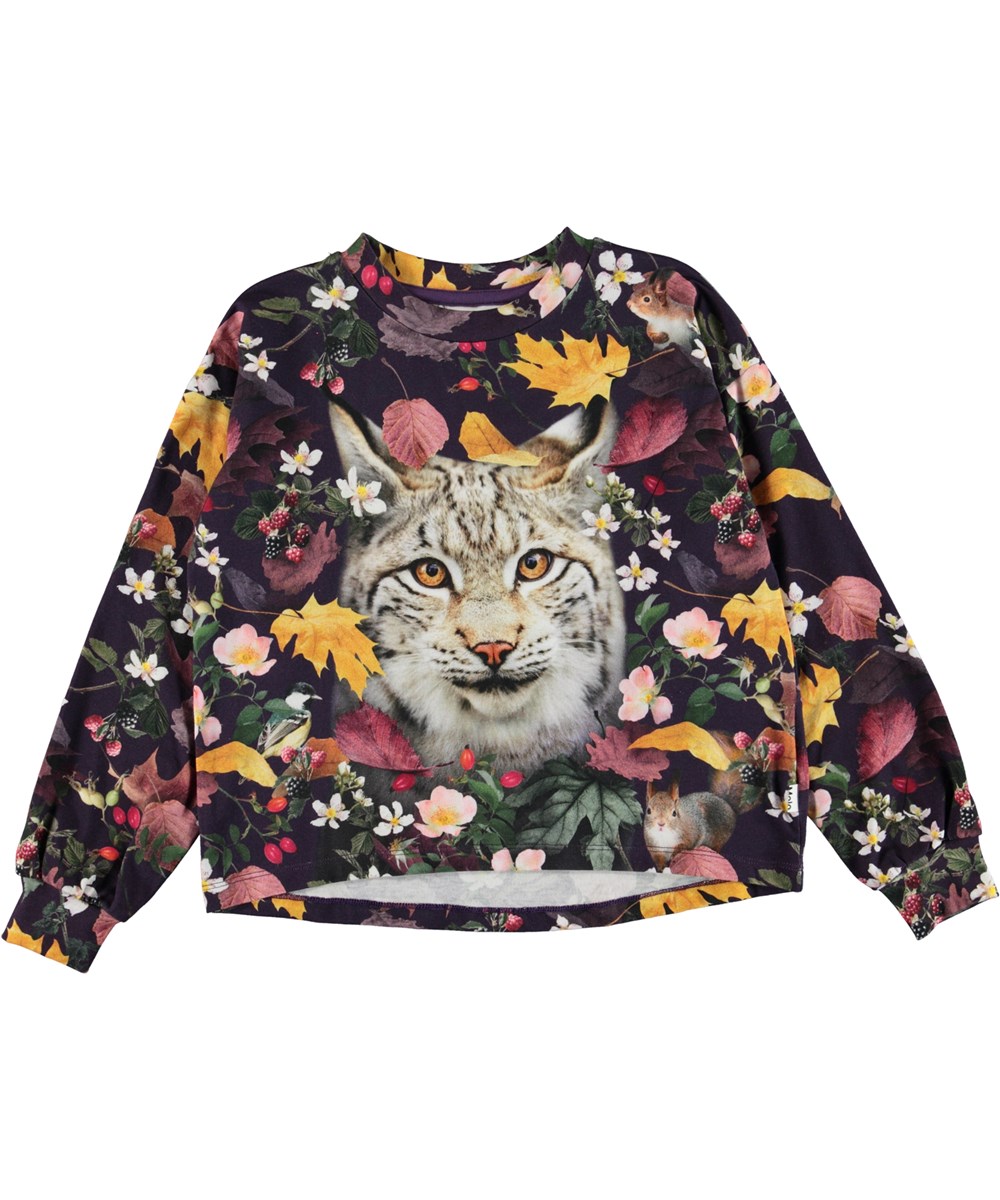 Reniza - Berry Picking - Biologische sweater met een print van een lynx en bramen