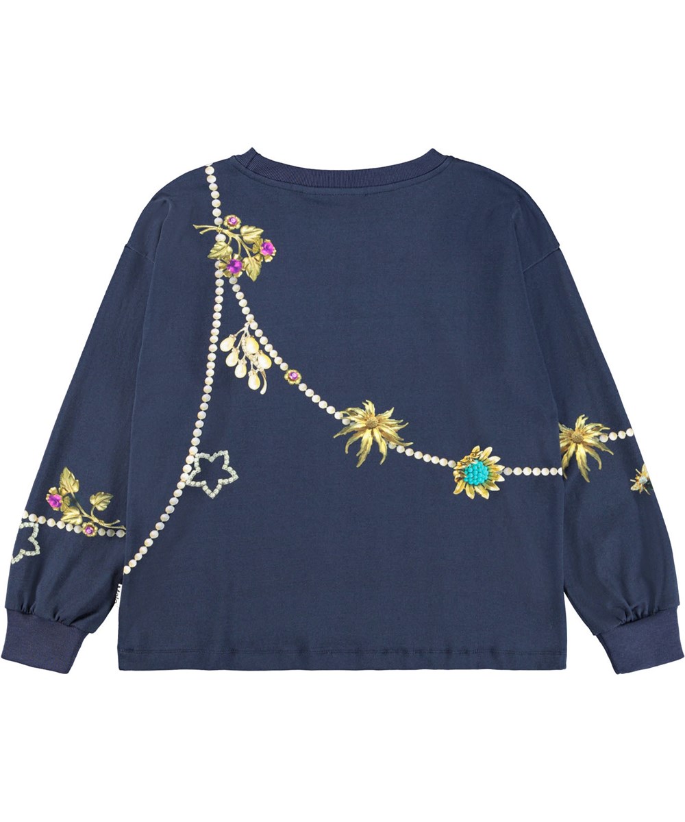 Reniza - Jewellery Drape - Donkerblauwe longsleeve voor kinderen gemaakt van zacht biologisch katoen met ribboorden rond de mouwen en hals en een print van prachtige koninklijke kettingen.