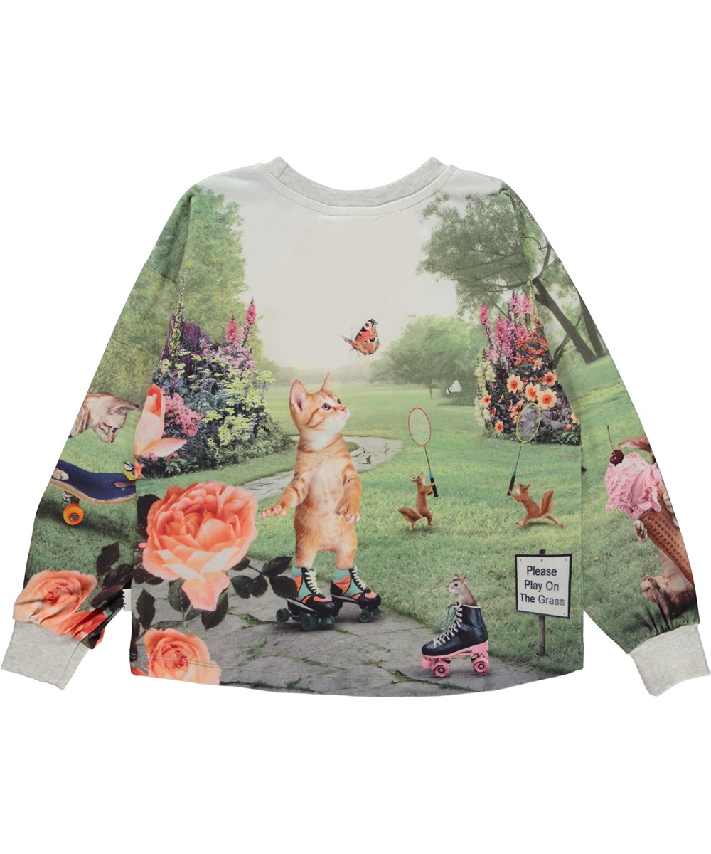 Reniza - Kitty Picnic - Groene biologische trui met poezen en een picknickprint