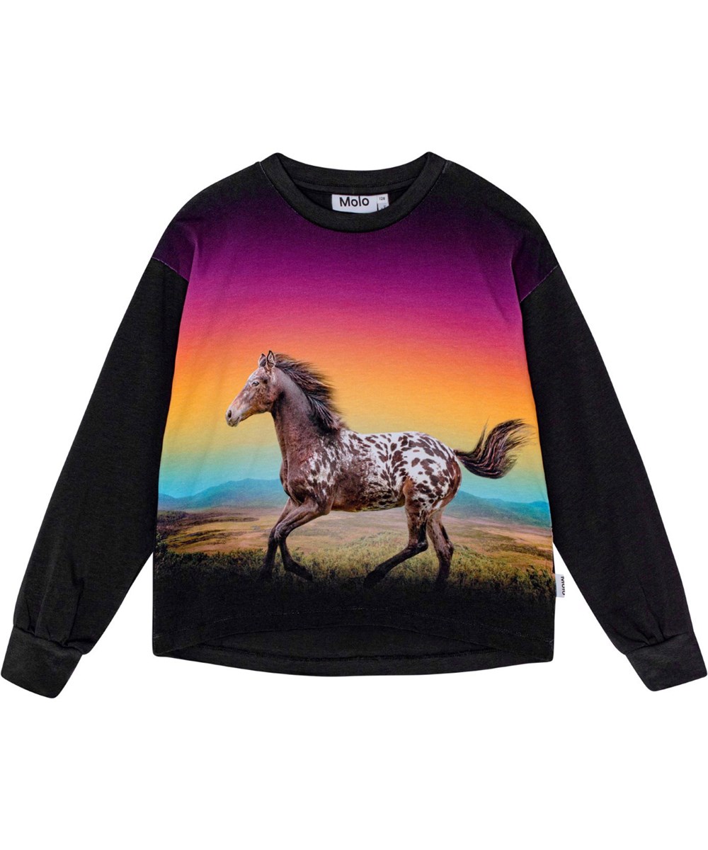 Reniza - Magic Sunset - Zwarte biologisch katoenen trui met paardenprint.