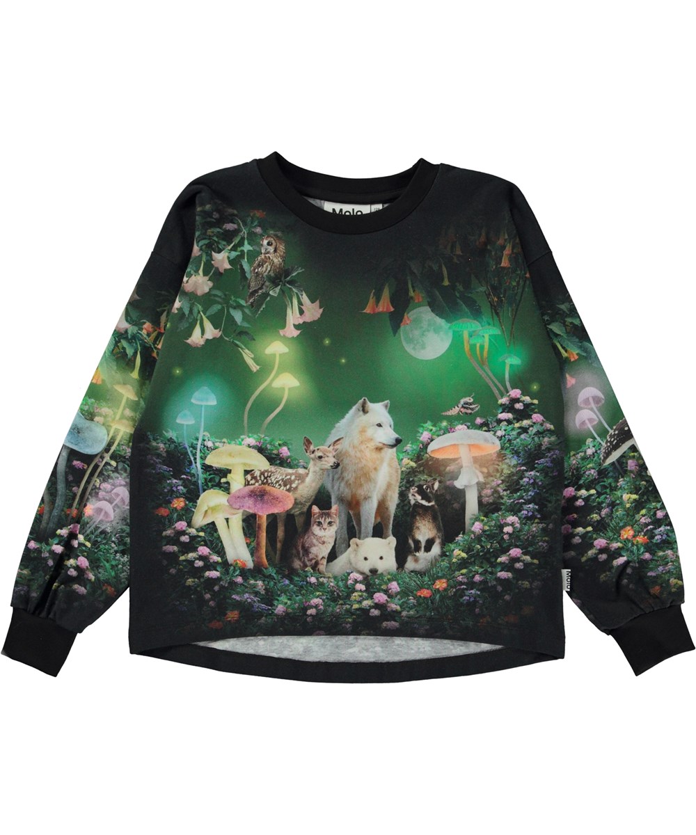 Reniza - Moonlight Glade - Zwarte biologische longsleeve met maanlicht print