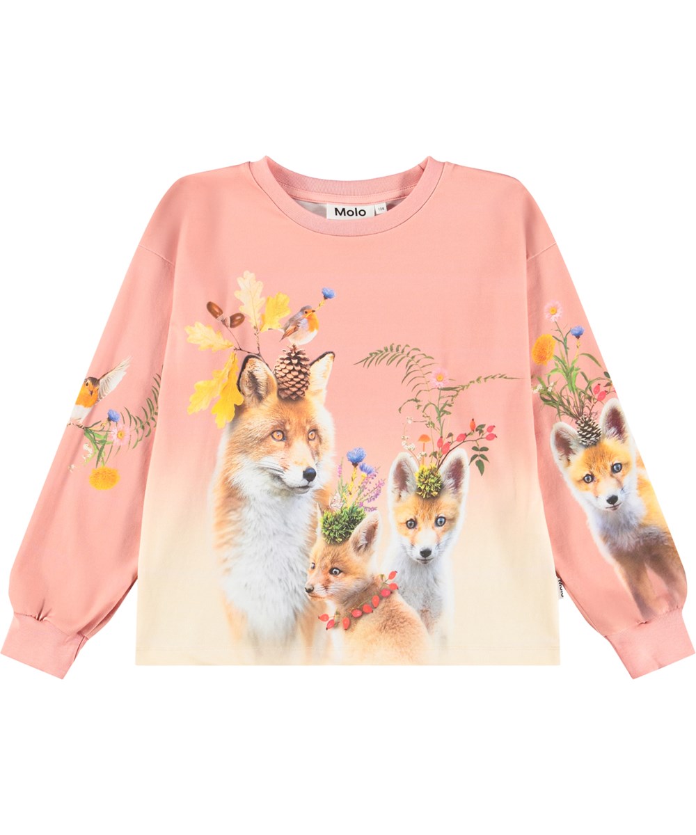 Reniza - Nature Glam - Roze longsleeve voor kinderen gemaakt van zacht biologisch katoen met ribboorden rond de mouwen en hals en een vossenprint.