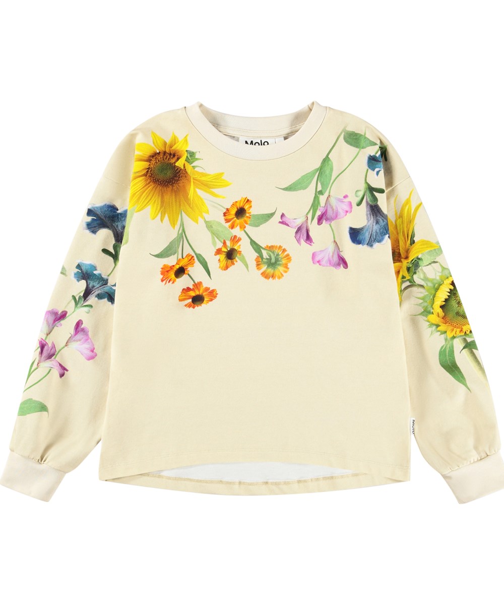 Reniza - Rainbow Flora - Beige kinder longsleeve met een bloemenprint gemaakt van biologisch katoen 