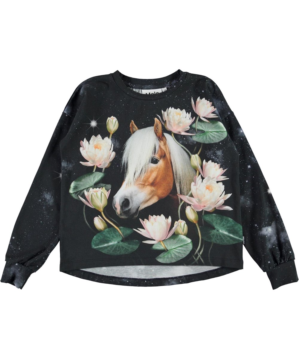 Reniza - Water Lily Horse - Blauwe biologische sweater met paard en waterlelie
