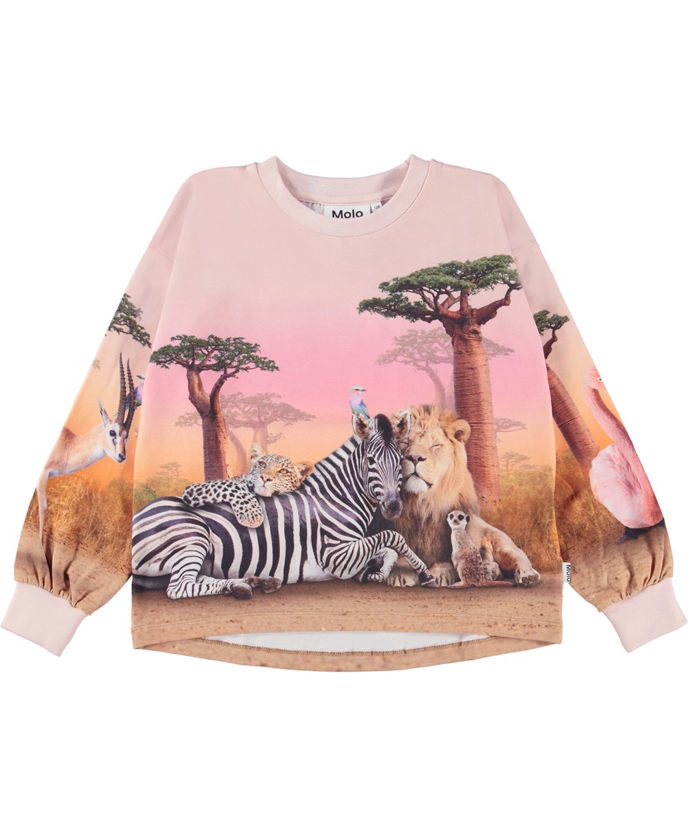 Reniza - Wild Wonderful - Roze biologische trui met wilde dieren vriendenprint