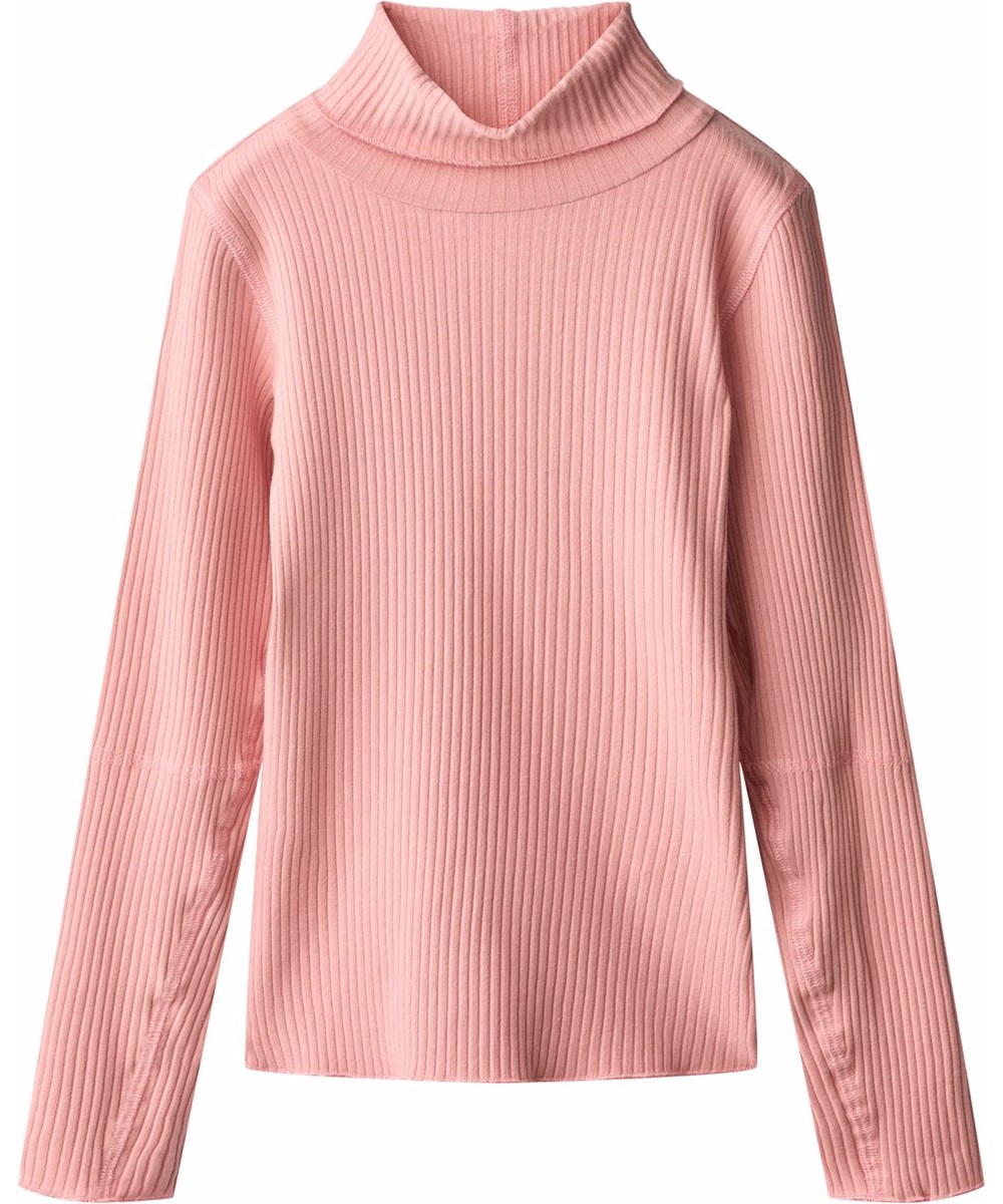 Rennie - Blush - Roze longsleeve voor kinderen gemaakt van elastische zacht viscose ribkatoen in een aansluitende pasvorm met een col, onbewerkte boorden en zichtbare stiksels.