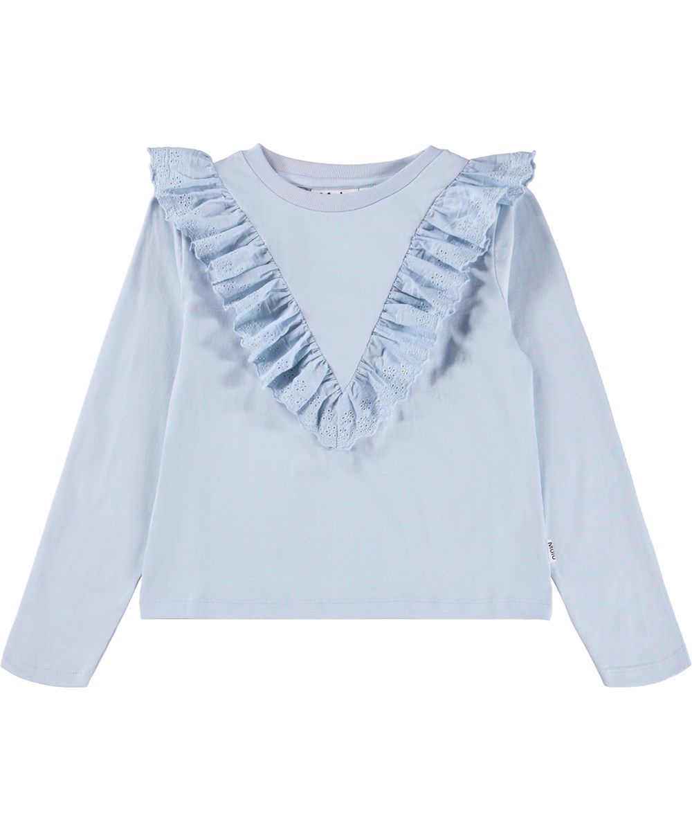 Rheta - Blue Moon - Lichtblauwe longsleeve voor kinderen gemaakt van biologisch katoen met een ronde hals, ribboorden en een gerimpelde geborduurde band.