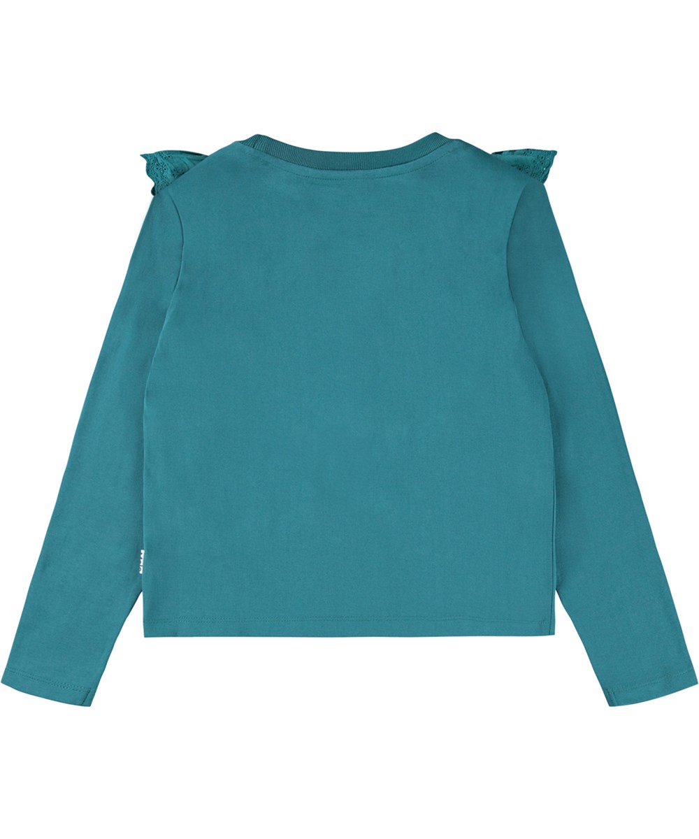 Rheta - Cosmic Green - Petroleumgroene longsleeve voor kinderen gemaakt van biologisch katoen met een ronde hals, ribboorden en een gerimpelde geborduurde band. 