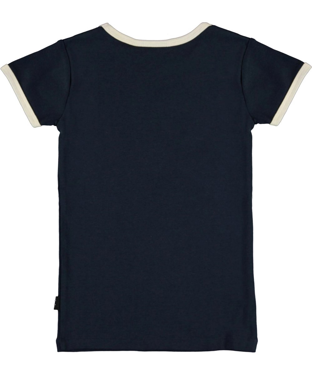 Rhiannon - Happy Daisy - Blauwe biologische t-shirt met een lachende bloem