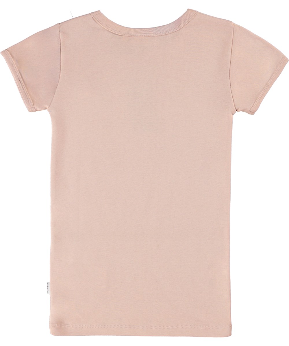 Rhiannon - Petal Blush - Roze t-shirt van biologisch katoen met zwarte strikprint.