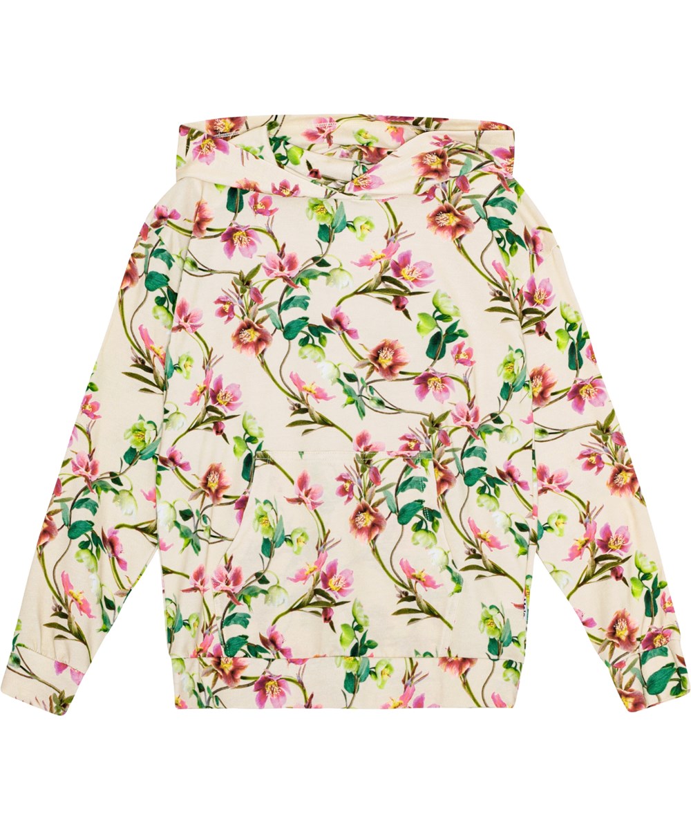 Rhona - Hellebore - Hoodie van biologisch katoen met een bloemenprint over de hele stof.