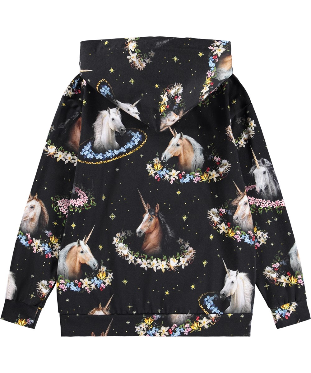 Rhona - Magical Galaxies - Zwarte kinderhoodie gemaakt van zacht biologisch katoen met een print van pegasi met kleurrijke bloemenslingers.