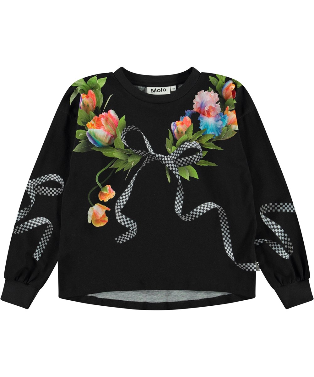 Ribila - Wreath Of Glory - Zwarte sweater van biologisch katoen met een ronde hals en ribboord rond de mouwen en hals.