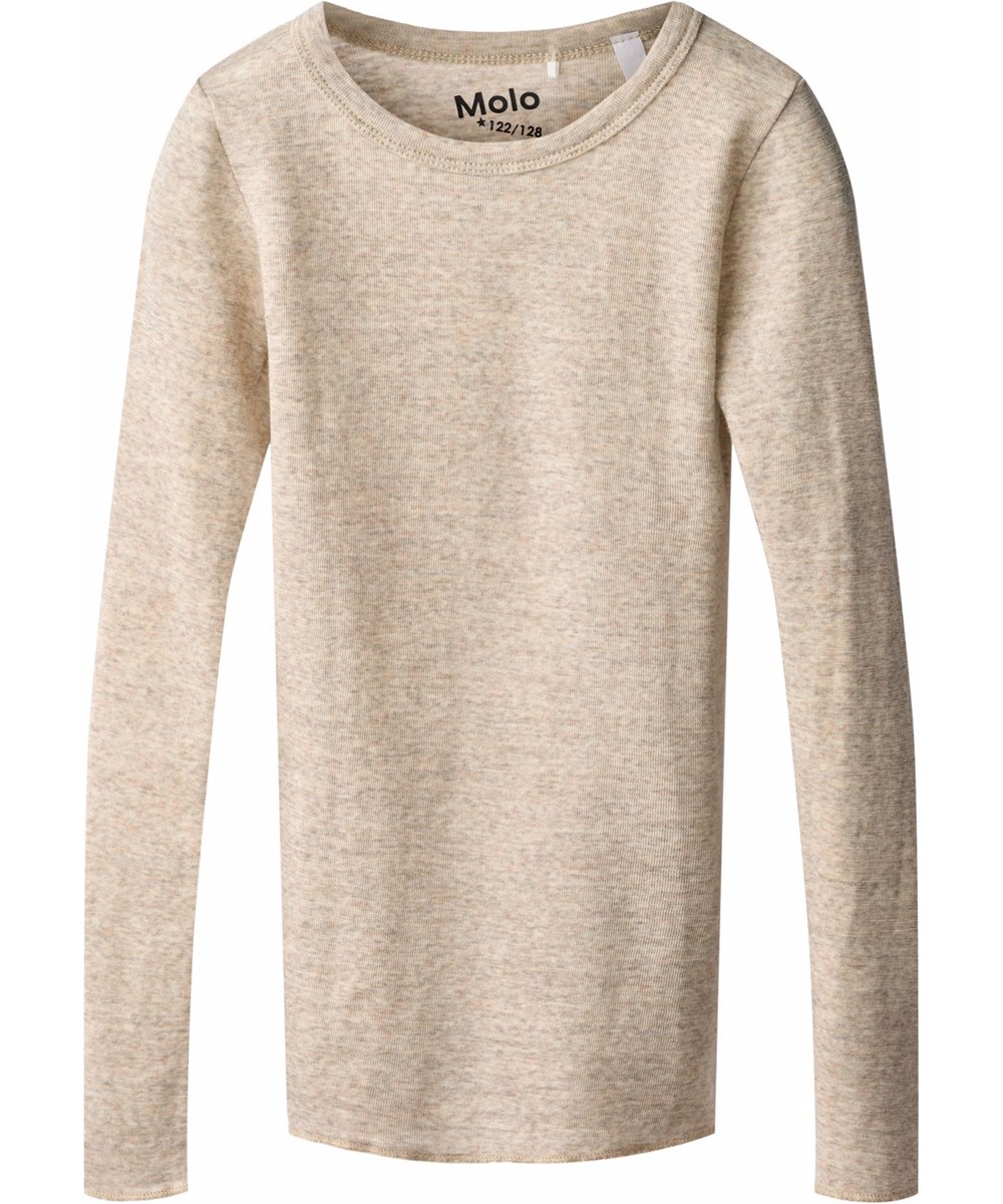 Rihanna Wool - Oatmeal Melange - Beige gemêleerde longsleeve voor kinderen gemaakt van zachte merinowol in een aansluitende pasvorm met een ronde hals en babylock-details rond de mouwen en taille.