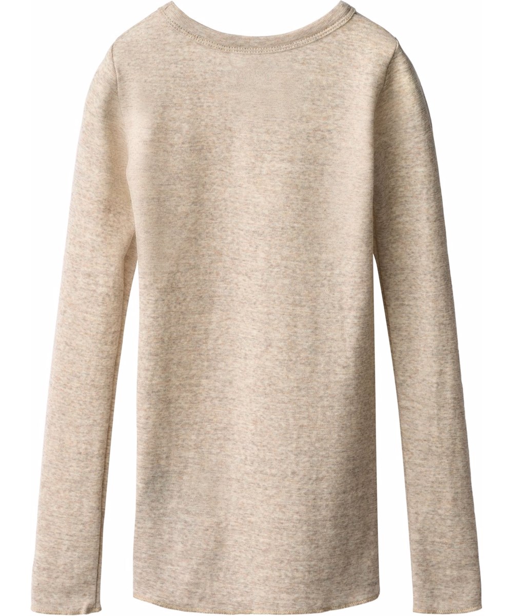 Rihanna Wool - Oatmeal Melange - Beige gemêleerde longsleeve voor kinderen gemaakt van zachte merinowol in een aansluitende pasvorm met een ronde hals en babylock-details rond de mouwen en taille.