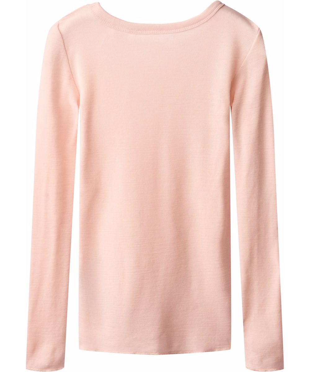 Rihanna Wool - Rose Cloud - Roze gemêleerde longsleeve voor kinderen gemaakt van zachte merinowol in een aansluitende pasvorm met een ronde hals en babylock-details rond de mouwen en taille.