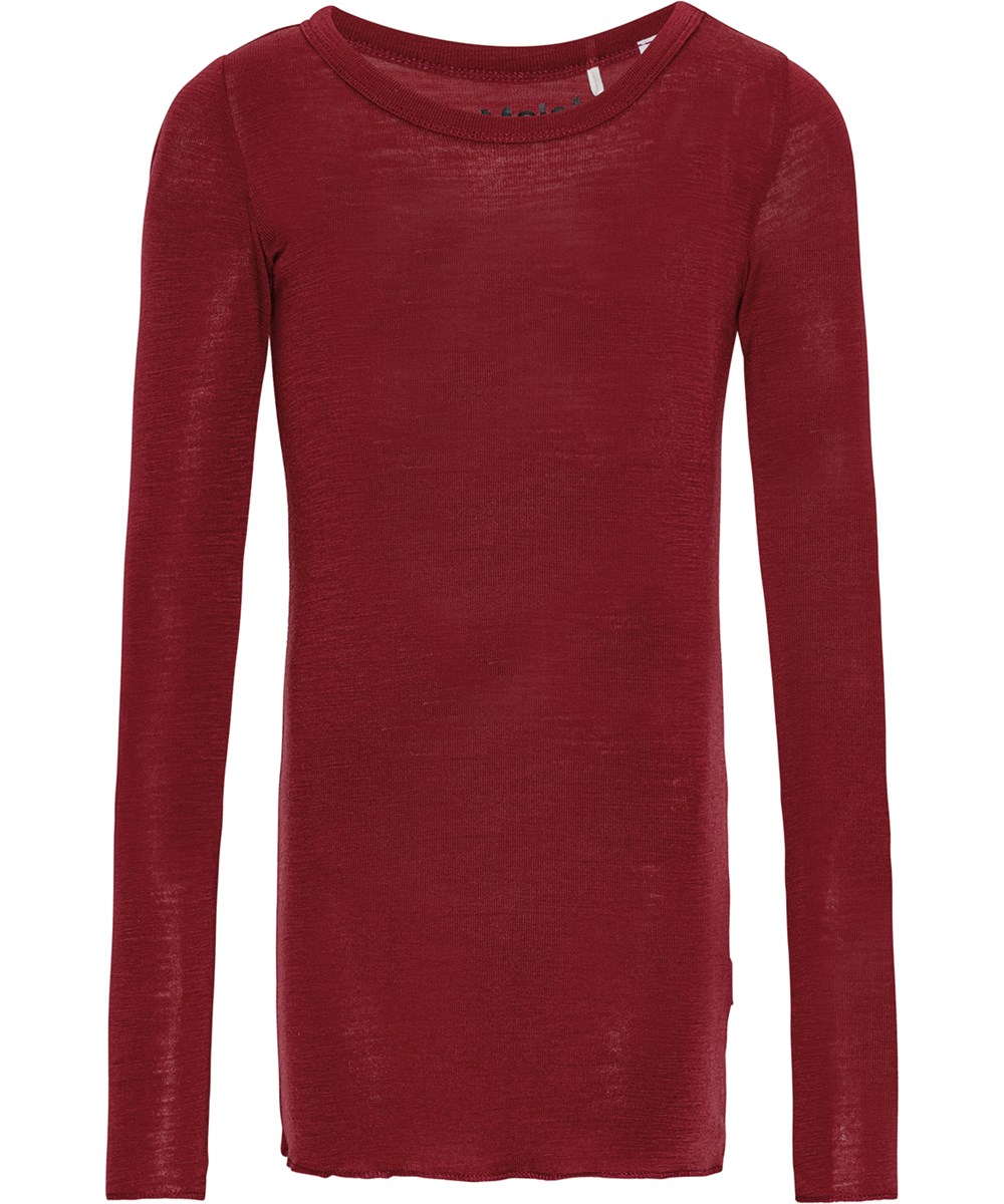 Rihanna Wool - Velvety - Bordeaux rode merinowollen trui in een aansluitende pasvorm met overlock boorden.