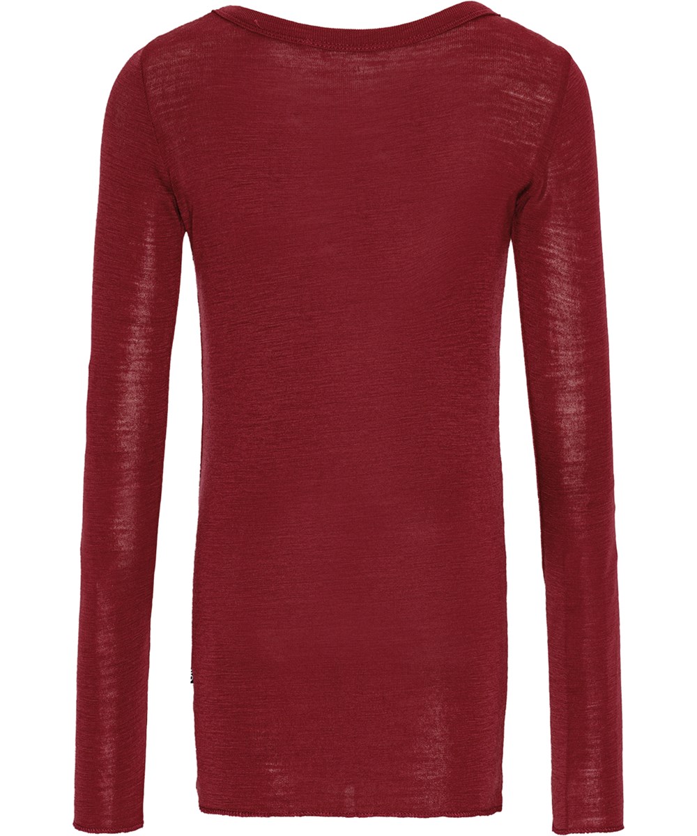 Rihanna Wool - Velvety - Bordeaux rode merinowollen trui in een aansluitende pasvorm met overlock boorden.