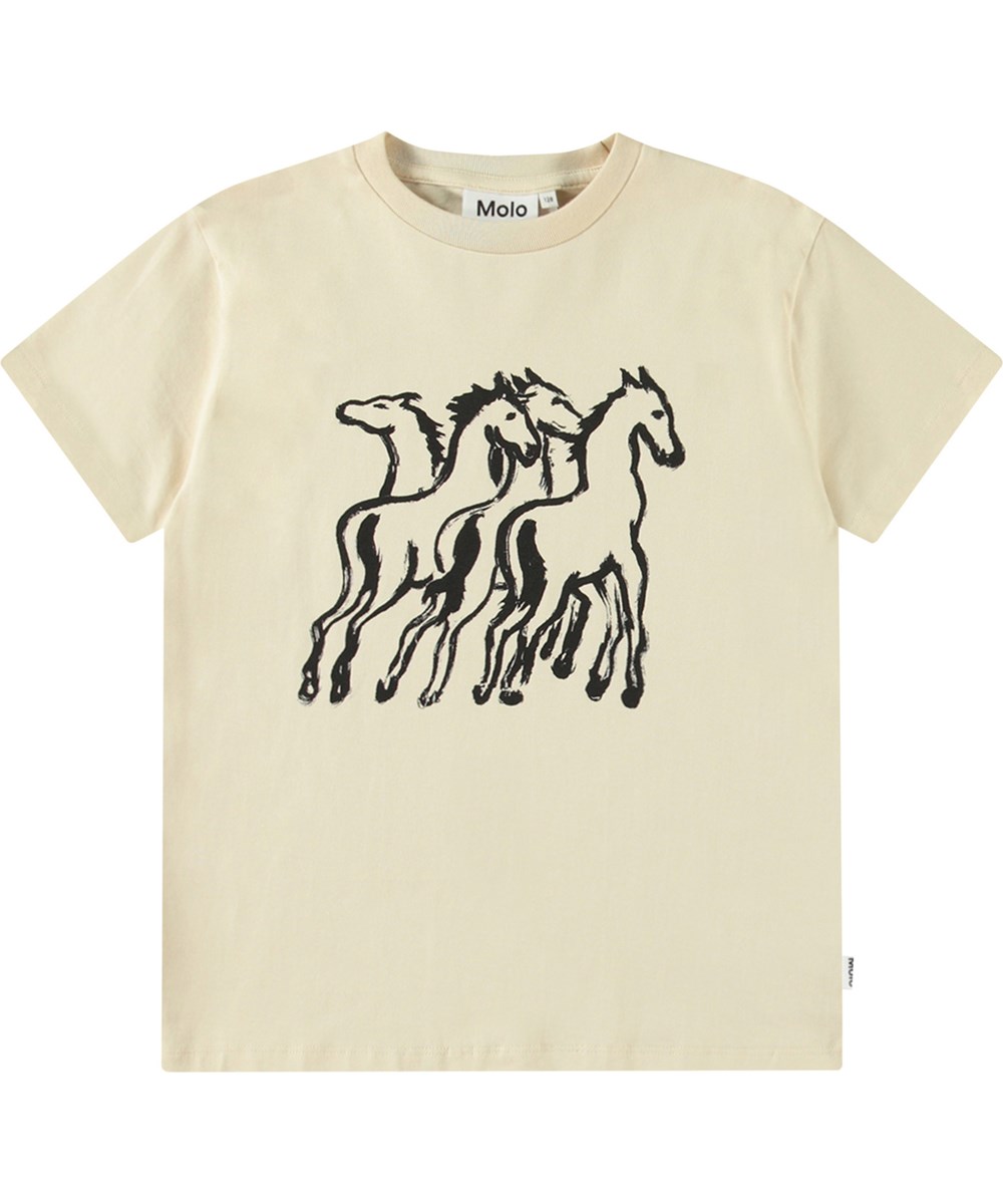 Riley - Dancing Horses - Gebroken wit kinder t-shirt in zacht biologisch katoen met korte mouwen en ribboord rond de hals.