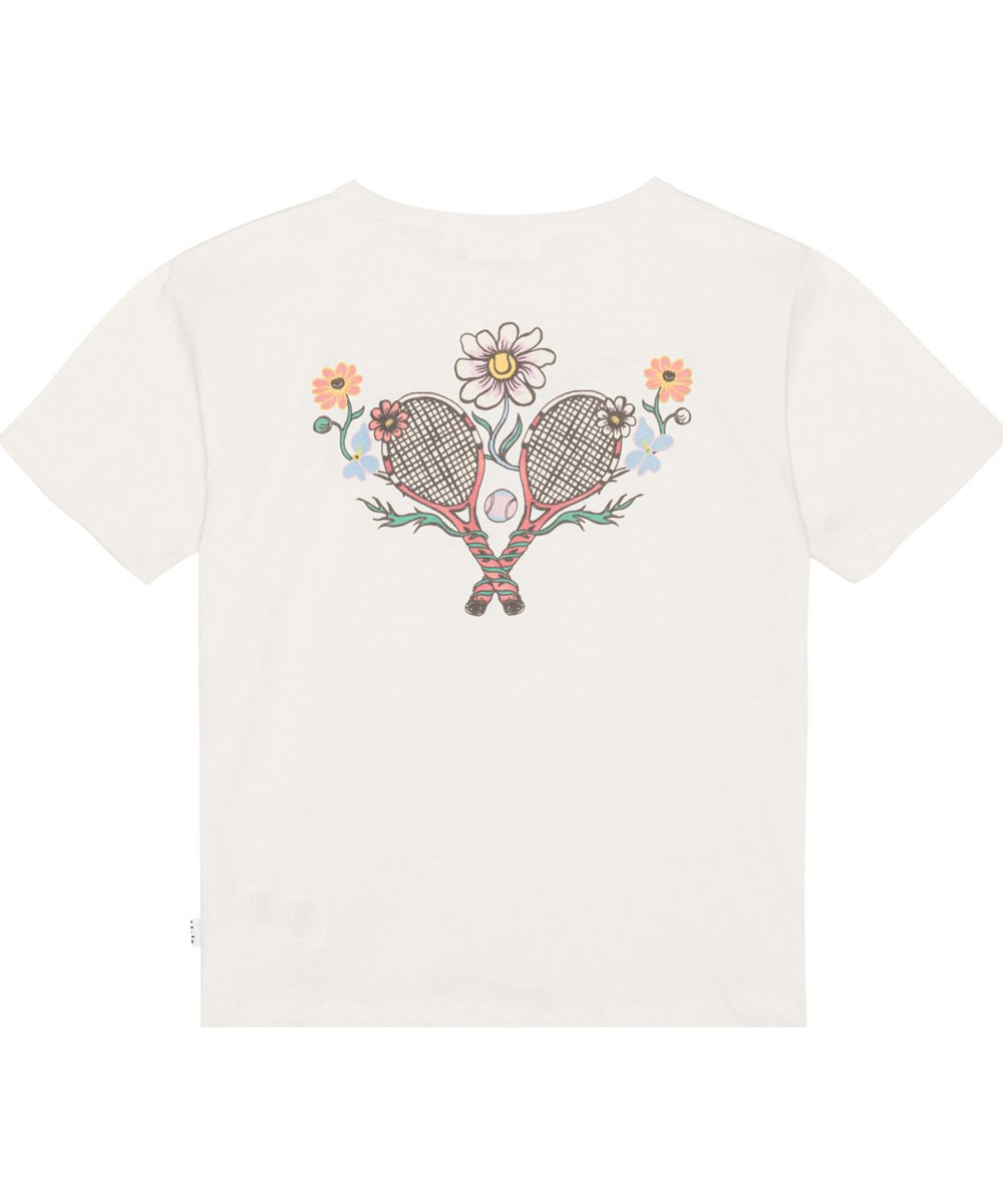 Riley - Floral Tennis - Witte biologische katoenen t-shirt met print op de achterkant