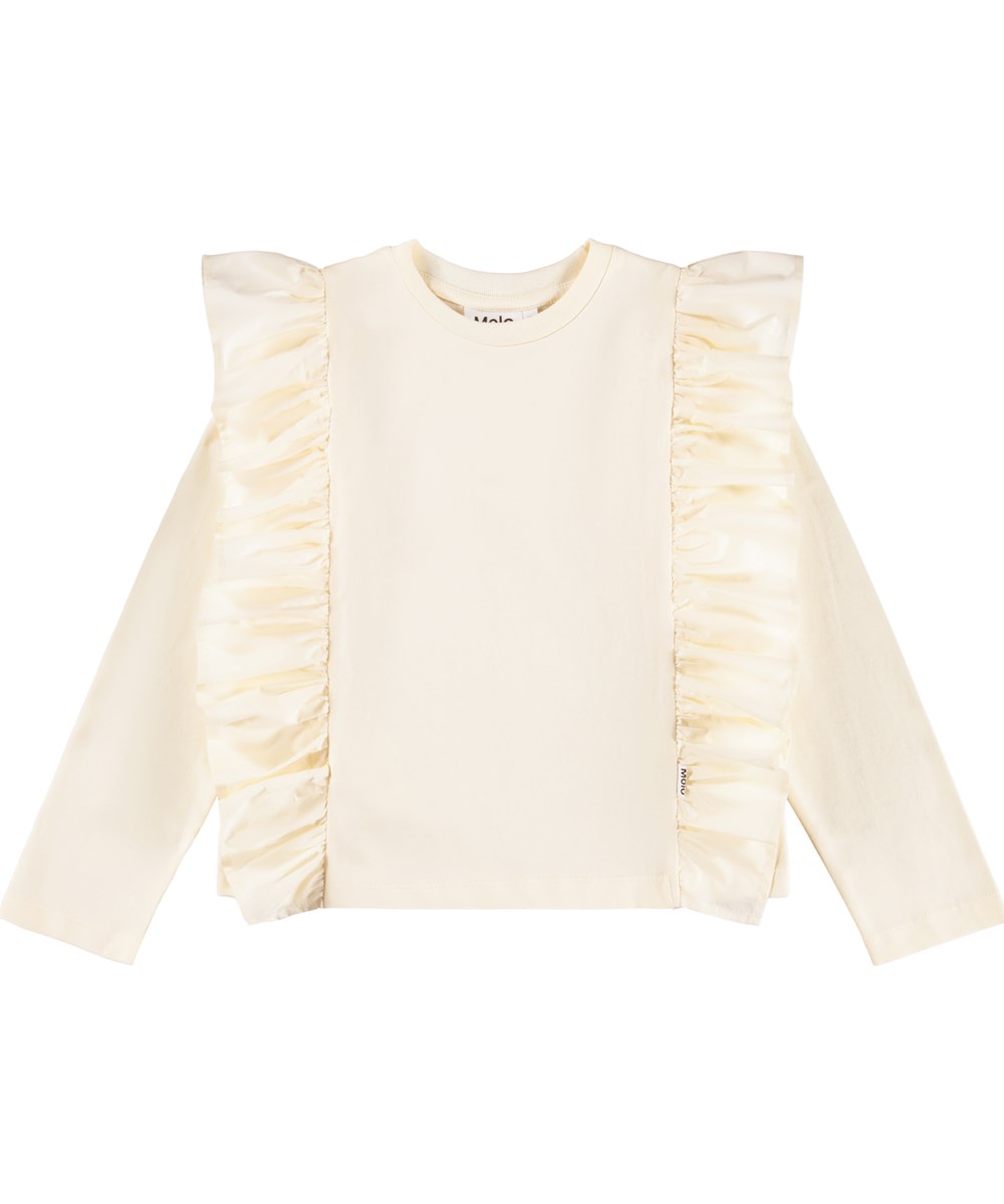 Rith - Buttercream - Gebroken witte longsleeve voor kinderen gemaakt van biologisch katoen met ronde hals en ruches.