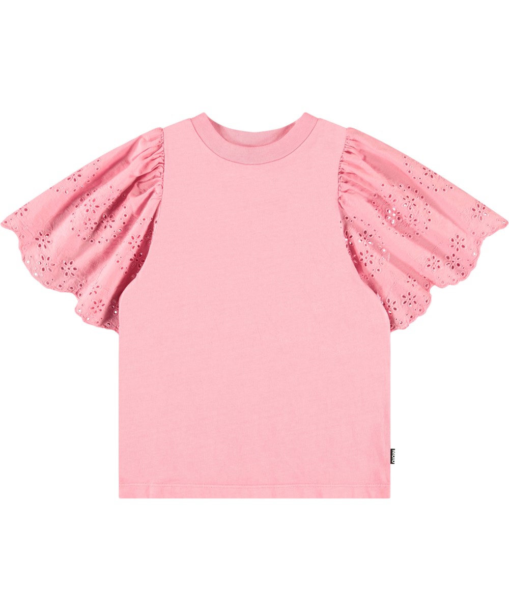 Ritza - Pink Lemonade - Roze kinder t-shirt in zacht biologisch katoen met ribboord rond de hals en vlindermouwen met Engels kant.