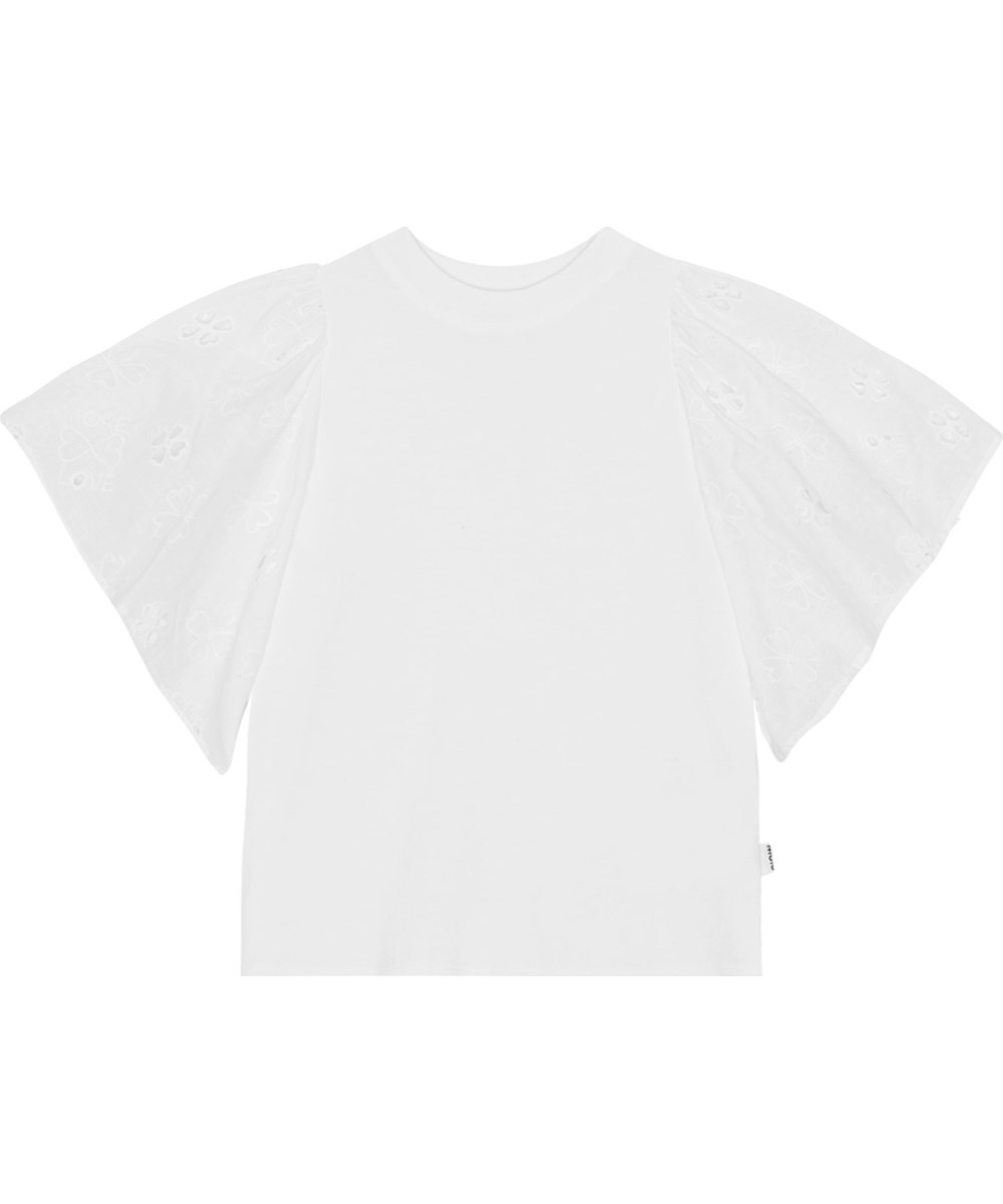 Ritza - White - Witte top van biologische katoen met korte mouwen met engels kant