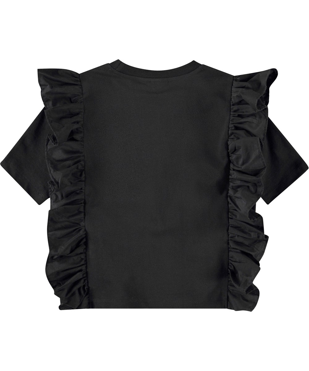 Riva - Black - Zwart kinder t-shirt in zacht biologische katoen met ribboord rond de hals en ruches.