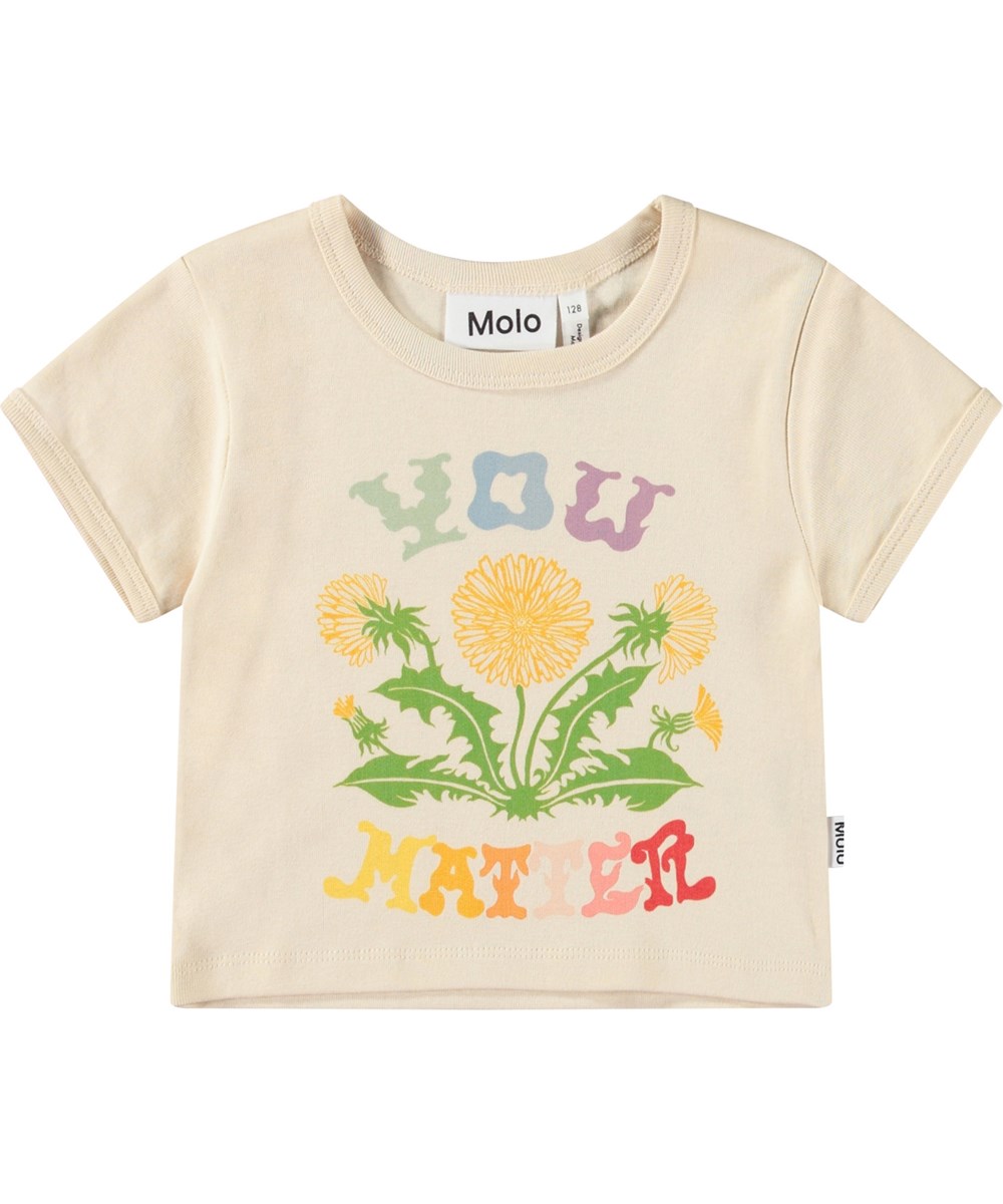 Rizzo - You Matter Multi - Beige cropped t-shirt van biologisch katoen met een ronde hals en ribboord.