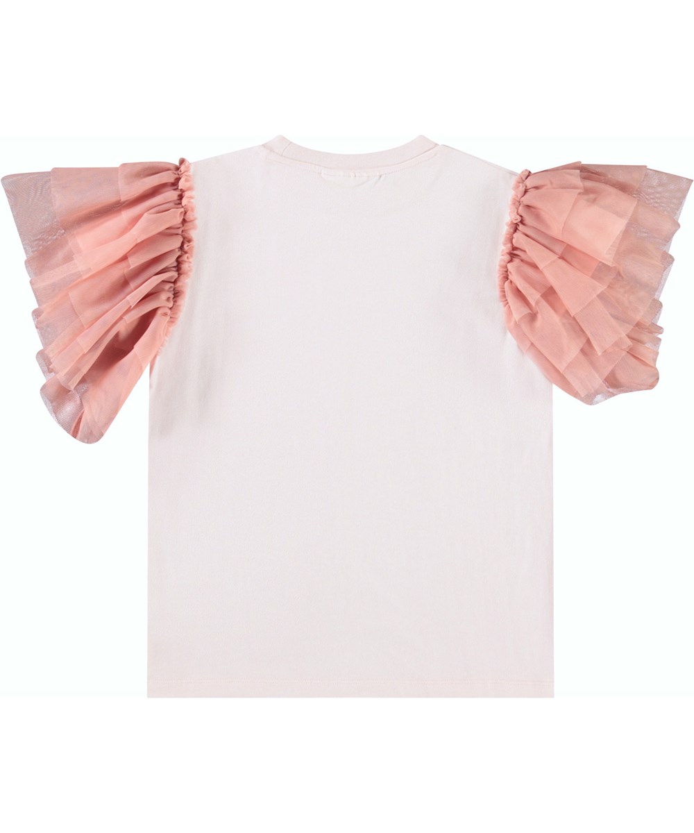Robyn - Charlotte Pink - Roze kinder t-shirt van zacht biologisch katoen met ribboord rond de hals en mouwen met tule.