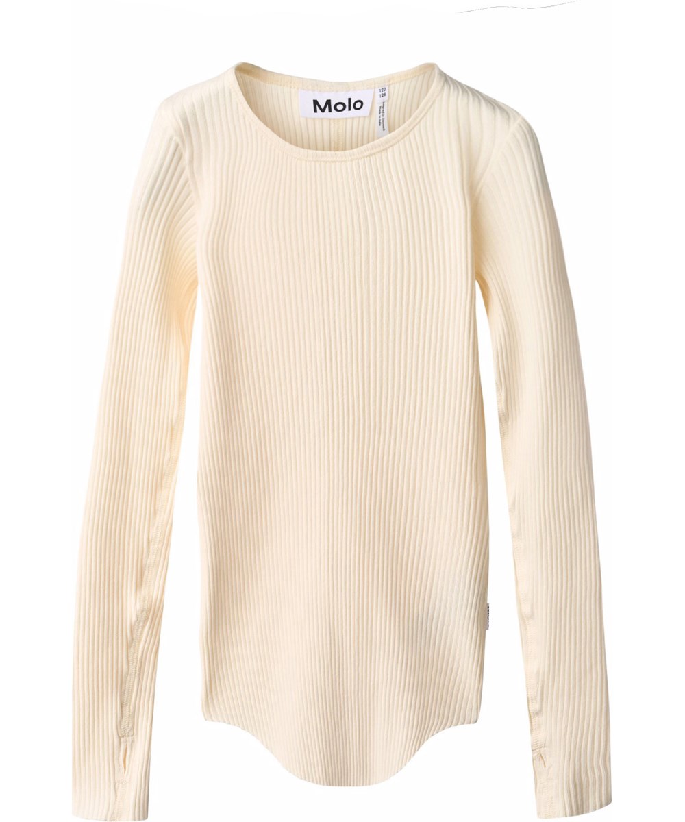 Rochelle - Buttercream - Gebroken witte longsleeve voor kinderen gemaakt van rekbaar biologisch katoenen ribstof in een aansluitende pasvorm met een ronde hals en onbewerkte boorden rond de mouwen met duimgaten.
