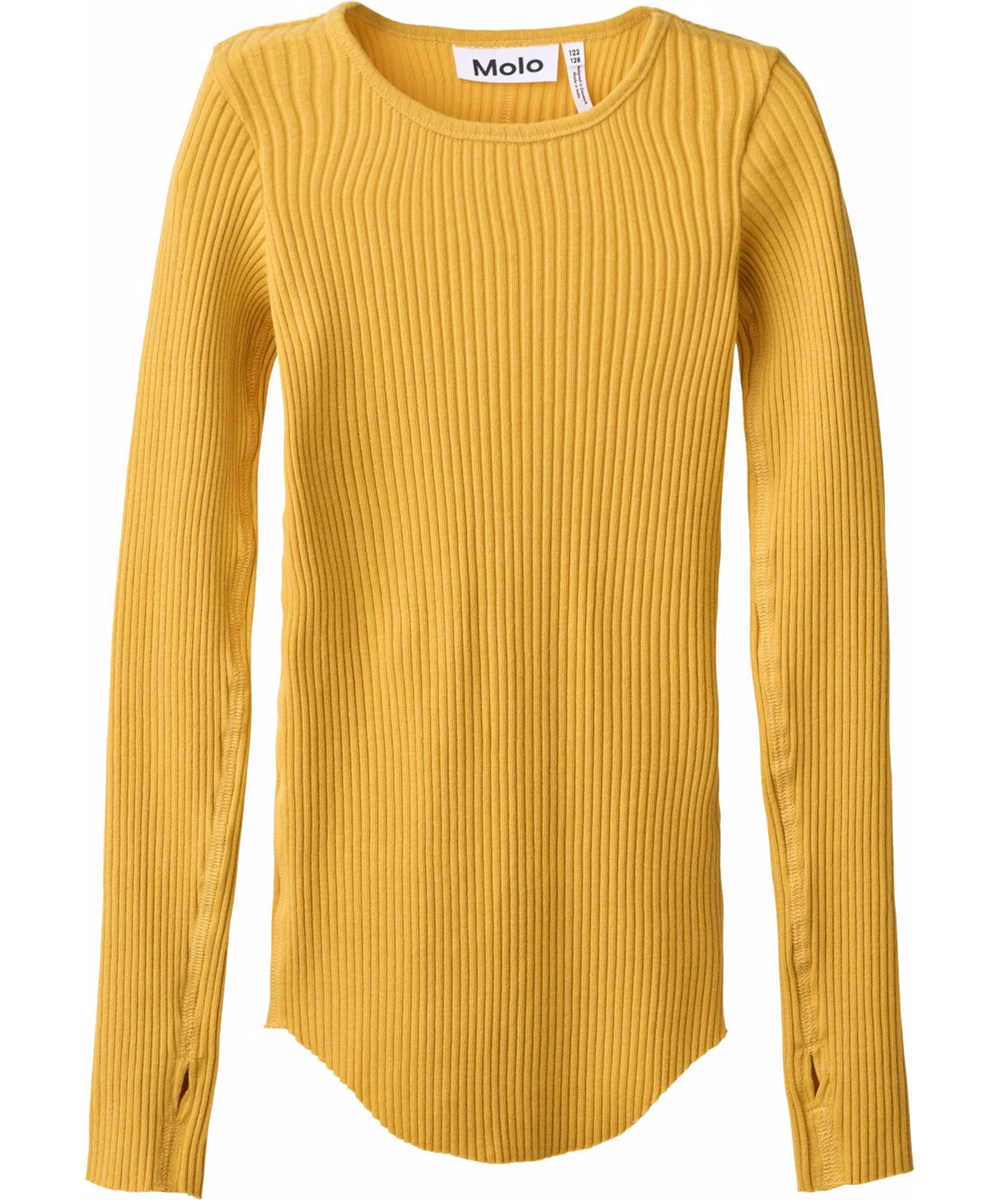 Rochelle - Energy - Gele longsleeve voor kinderen gemaakt van rekbaar biologisch katoenen ribstof in een aansluitende pasvorm met een ronde hals en onbewerkte boorden rond de mouwen met duimgaten.