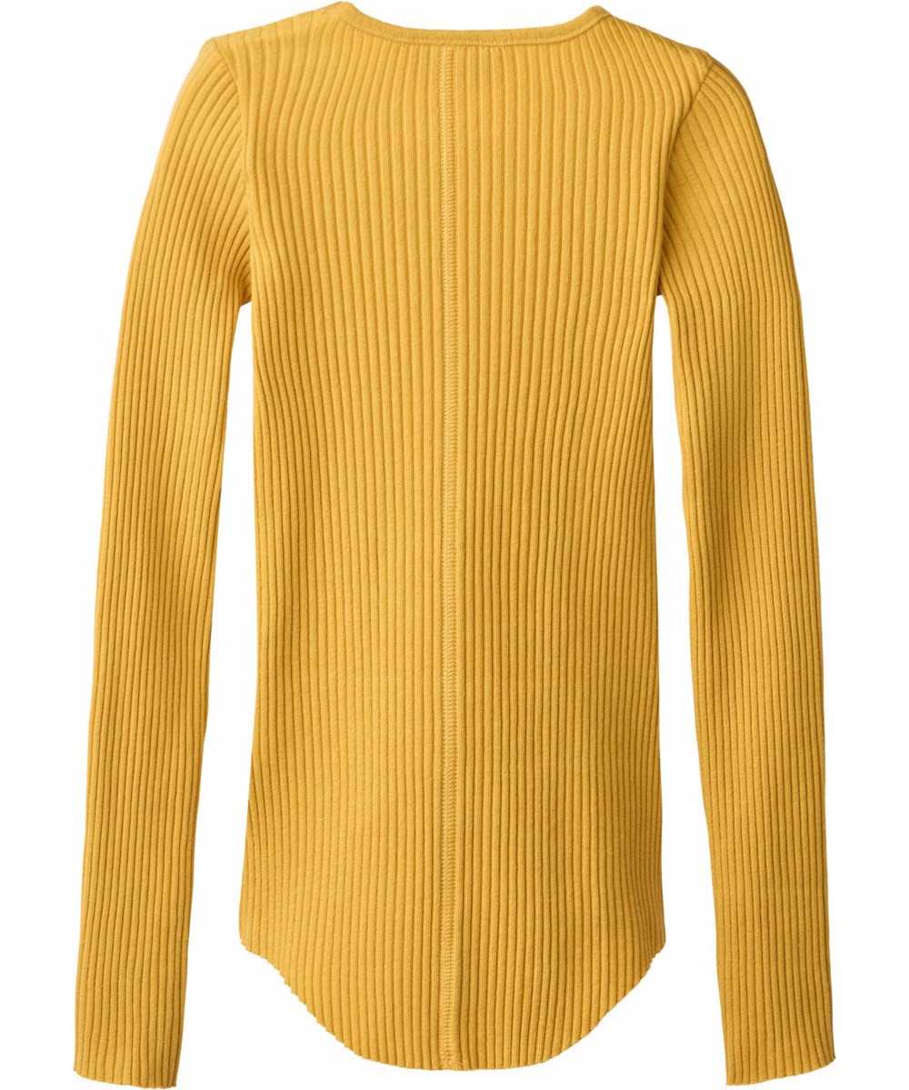 Rochelle - Energy - Gele longsleeve voor kinderen gemaakt van rekbaar biologisch katoenen ribstof in een aansluitende pasvorm met een ronde hals en onbewerkte boorden rond de mouwen met duimgaten.