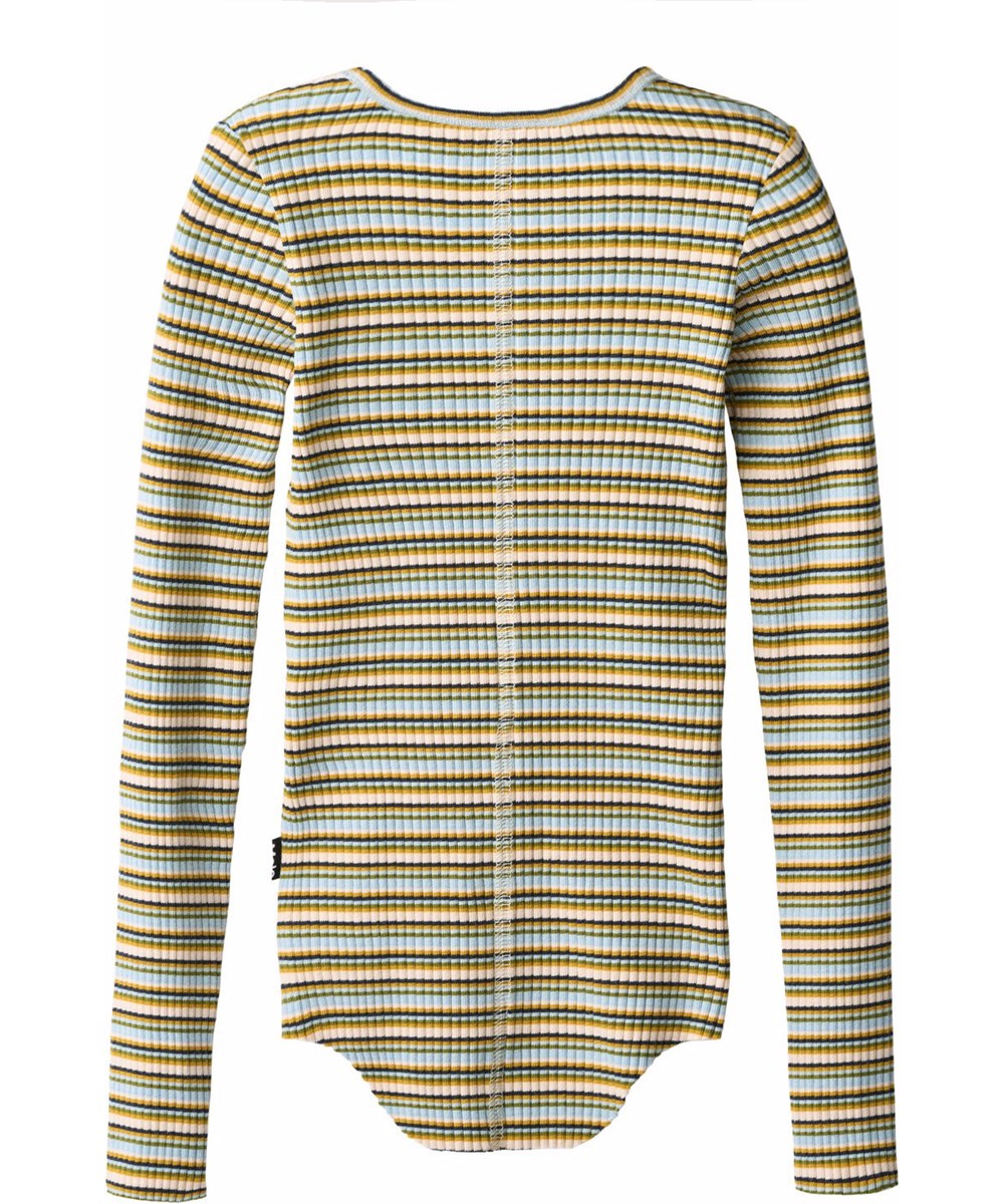 Rochelle - Forest Stripe - Gestreepte longsleeve voor kinderen gemaakt van rekbaar biologisch katoenen ribstof in een aansluitende pasvorm met een ronde hals en onbewerkte boorden rond de mouwen met duimgaten.
