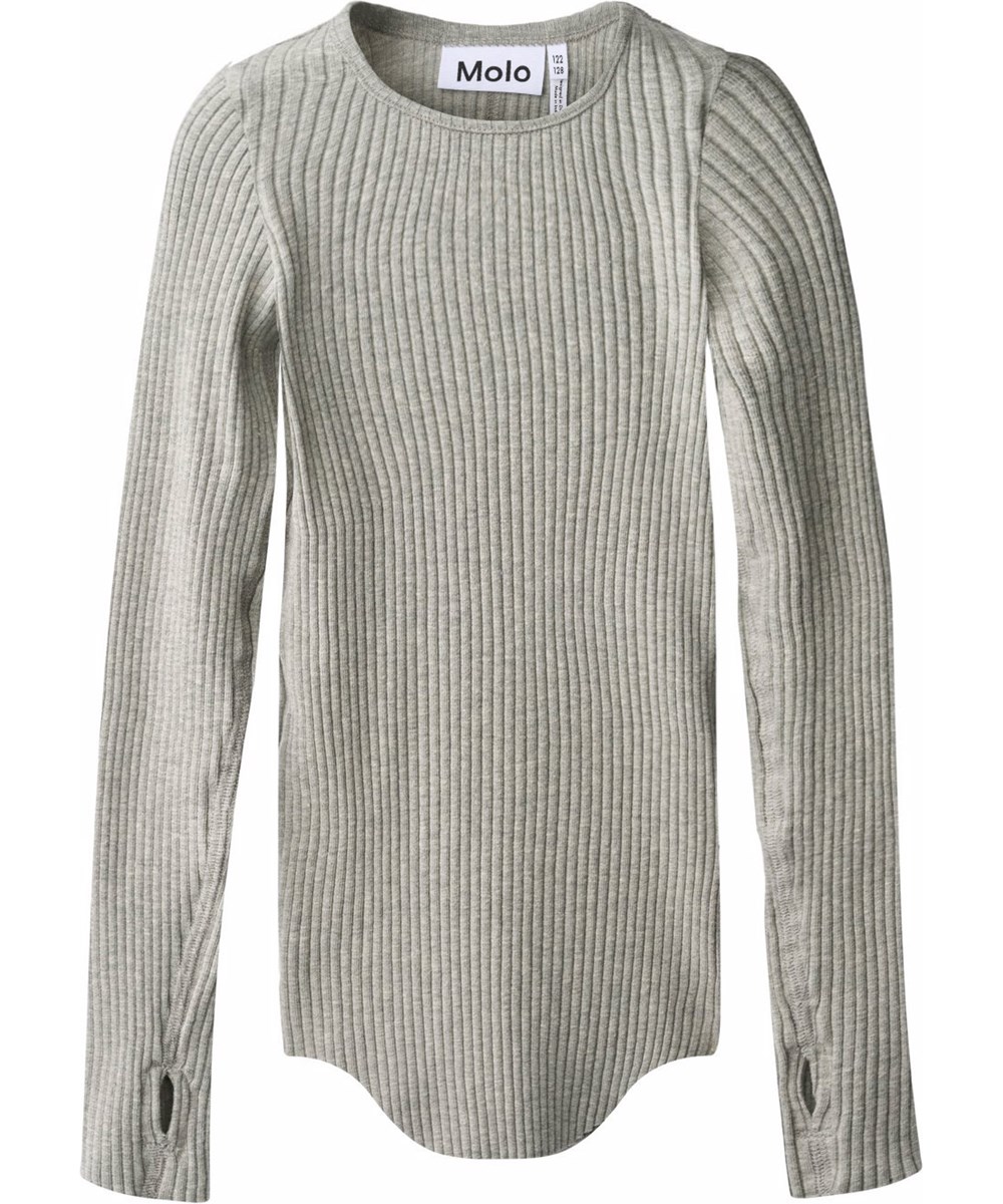 Rochelle - Grey Melange - Grijze longsleeve voor kinderen gemaakt van rekbaar biologisch katoenen ribstof in een aansluitende pasvorm met een ronde hals en onbewerkte boorden rond de mouwen met duimgaten.
