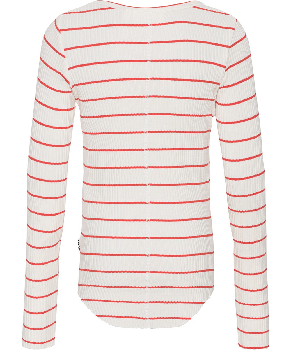 Rochelle - Shell Red - Rood en wit gestreepte top met lange mouwen in een zacht biologisch katoen met duurzame rib