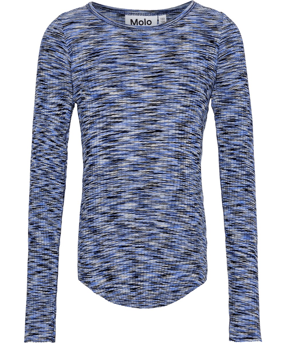 Rochelle - Lapis Mouliné - Rekbare biologische katoenen rib longsleeve met lange mouwen in blauw, wit en zwart.